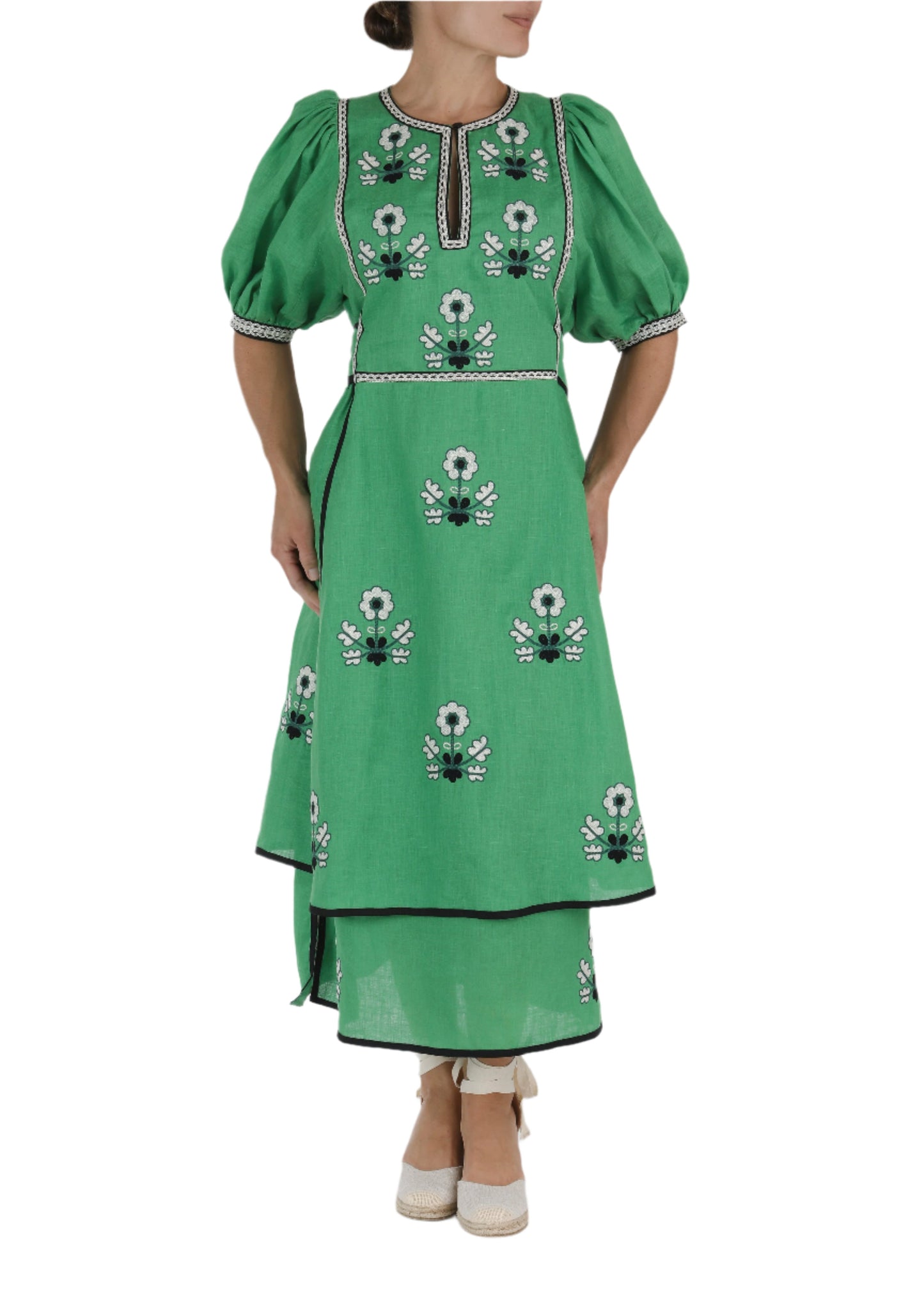 Lillie Ukrainian Embroidered Dress - Green, White