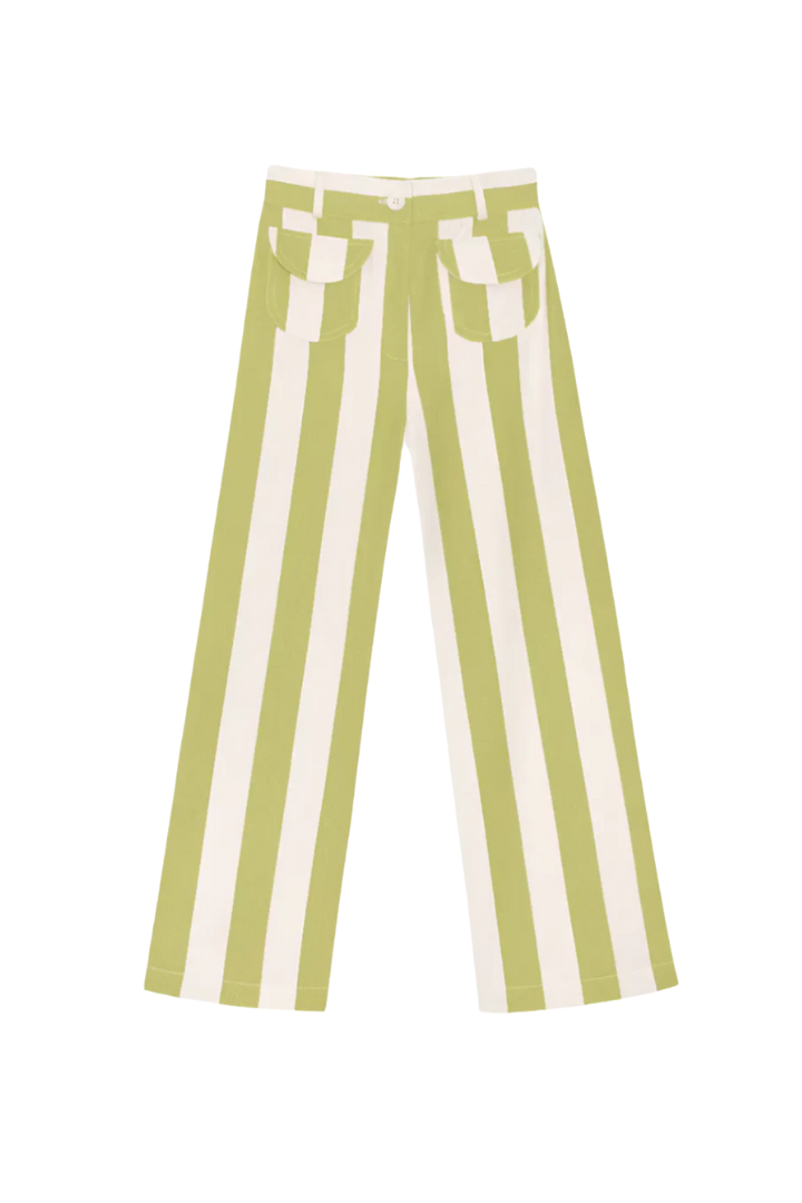 Parasol pant with vertical green and white stripe pattern, front button and belt loops