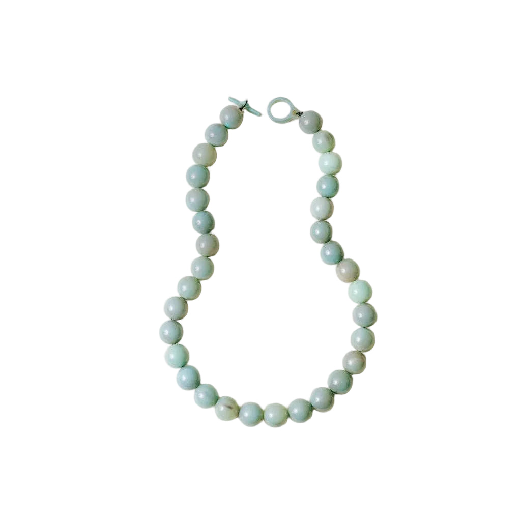 Seafoam gumball beaded necklace with round pastel green beads and open ring clasp