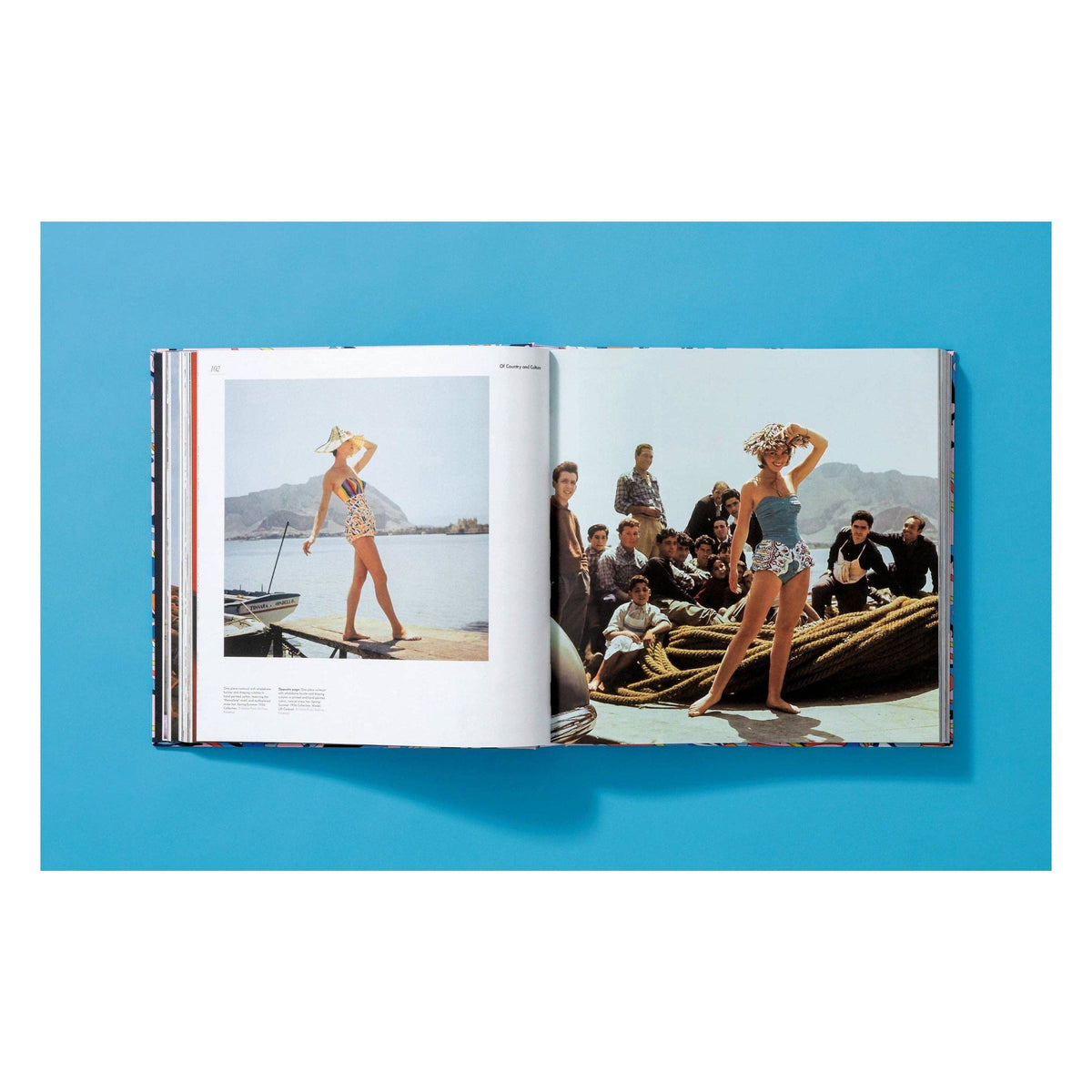 Pucci fashion book open to interior pages with beach fashion photo and group scene.