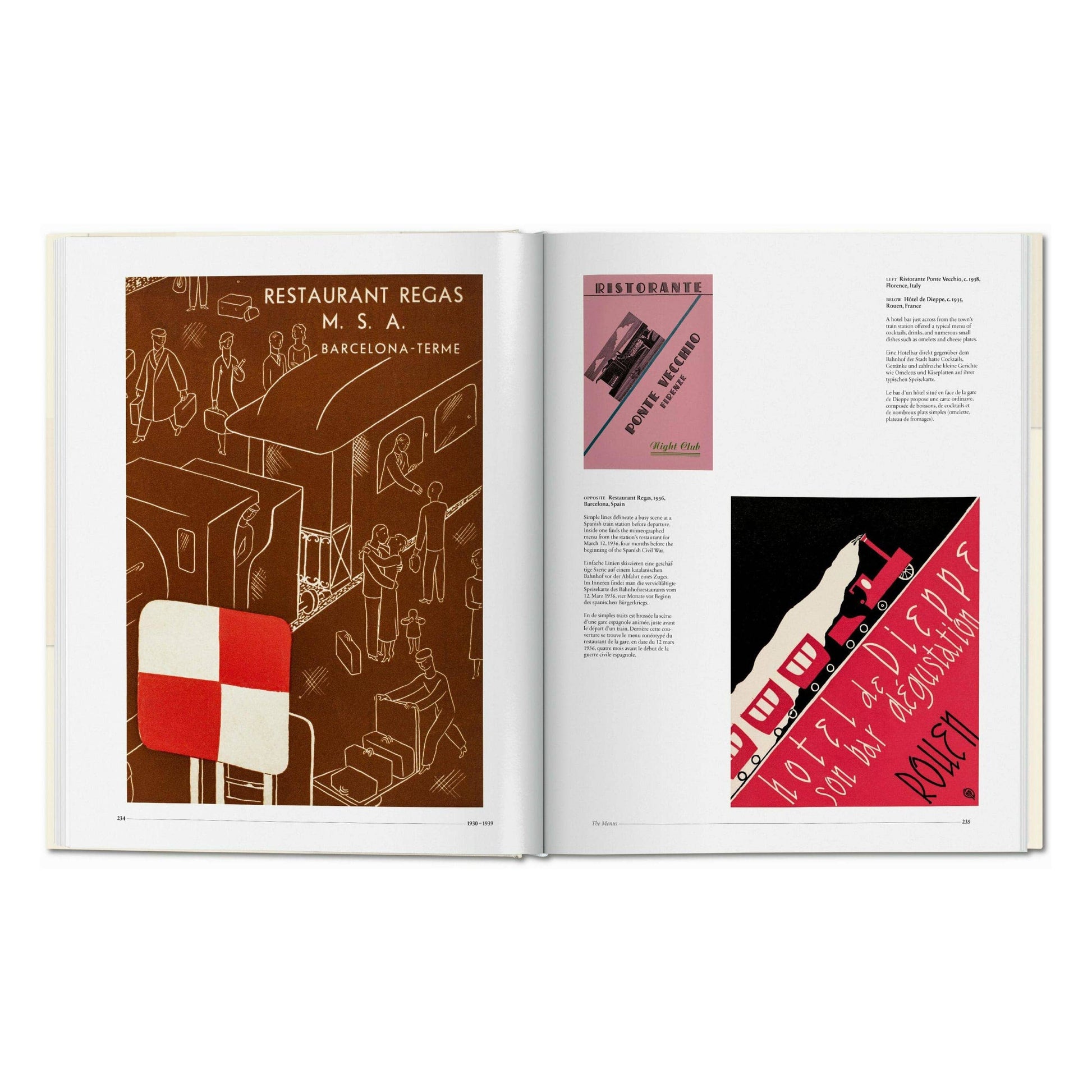 Open art book showing restaurant poster designs with figures and geometric panels