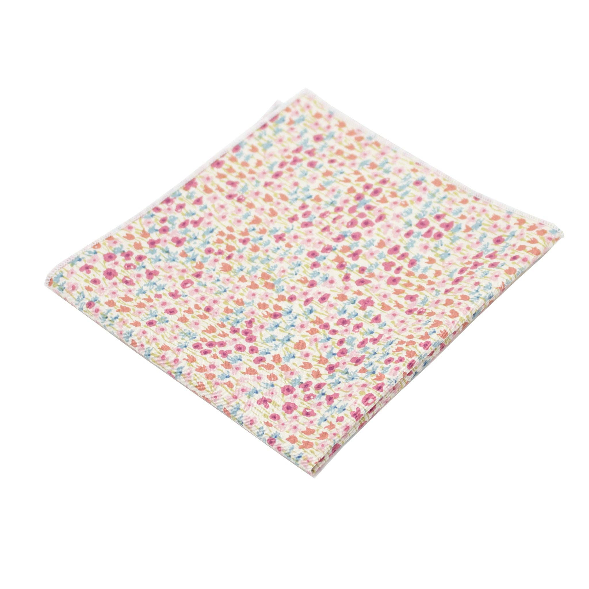 Floral pocket square with pink, blue, and cream blossoms