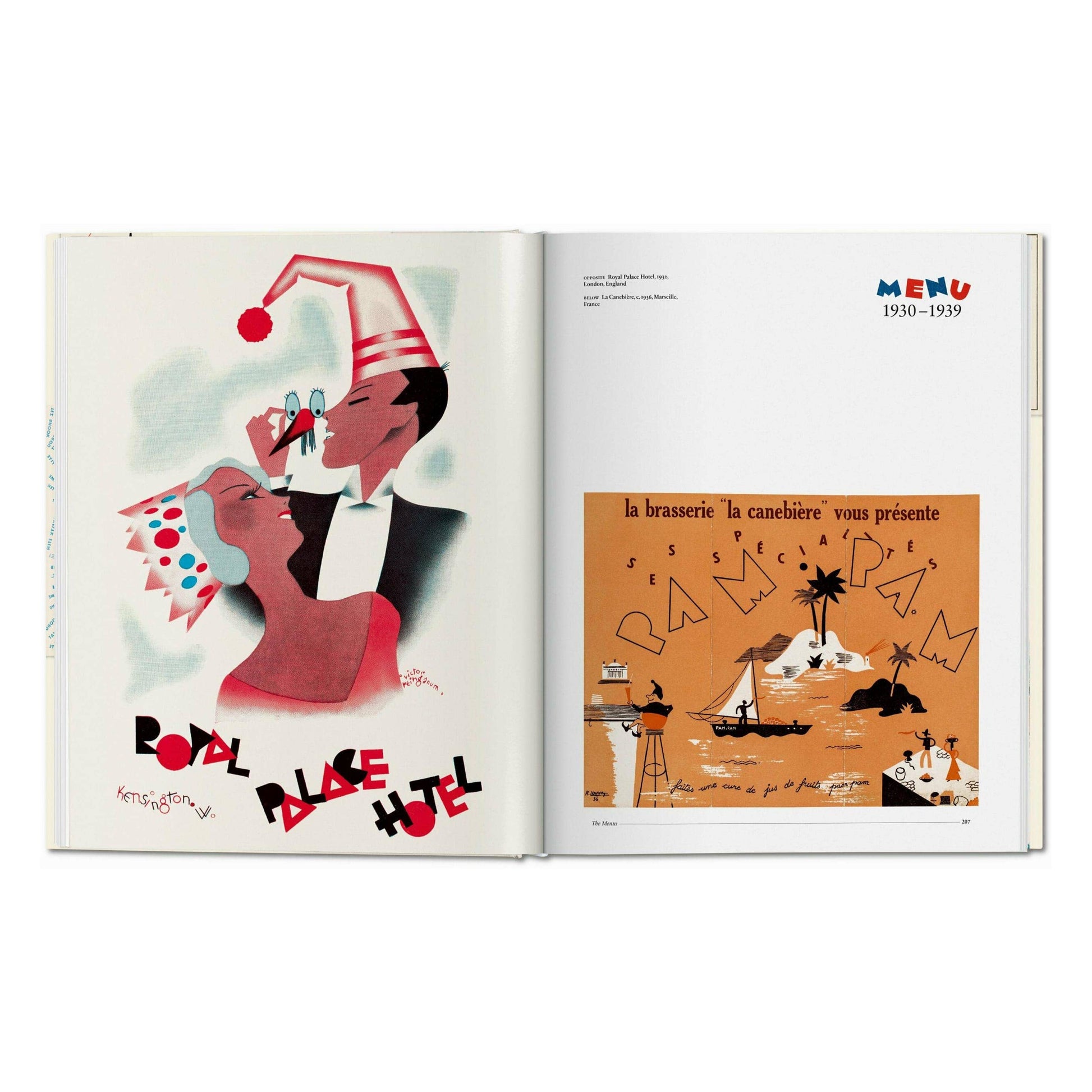 Open menu design book spread with illustrated 'Palace Hotel' scene and tropical menu poster