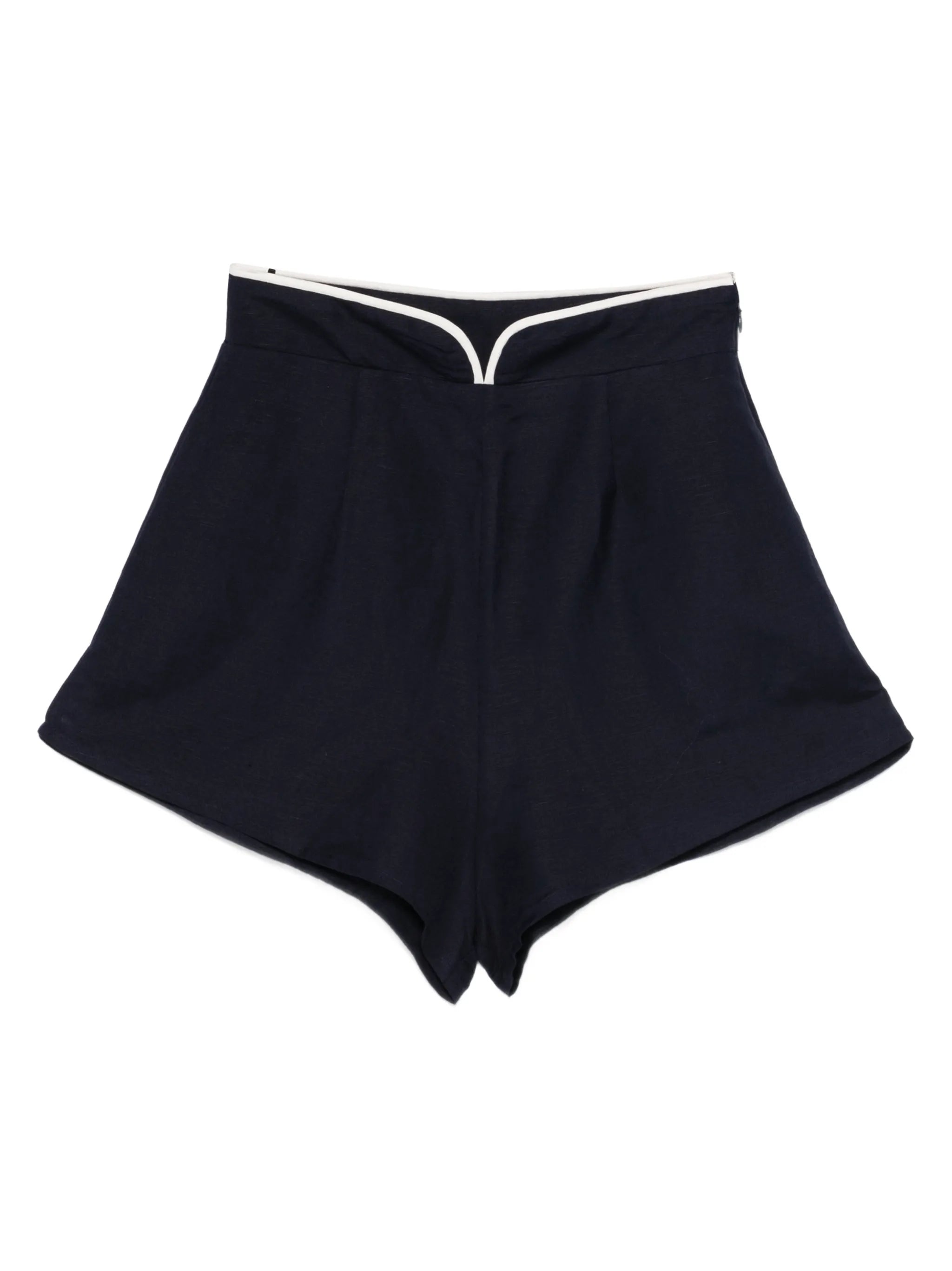 Navy linen shorts with white contrast waistband trim and front seam detail