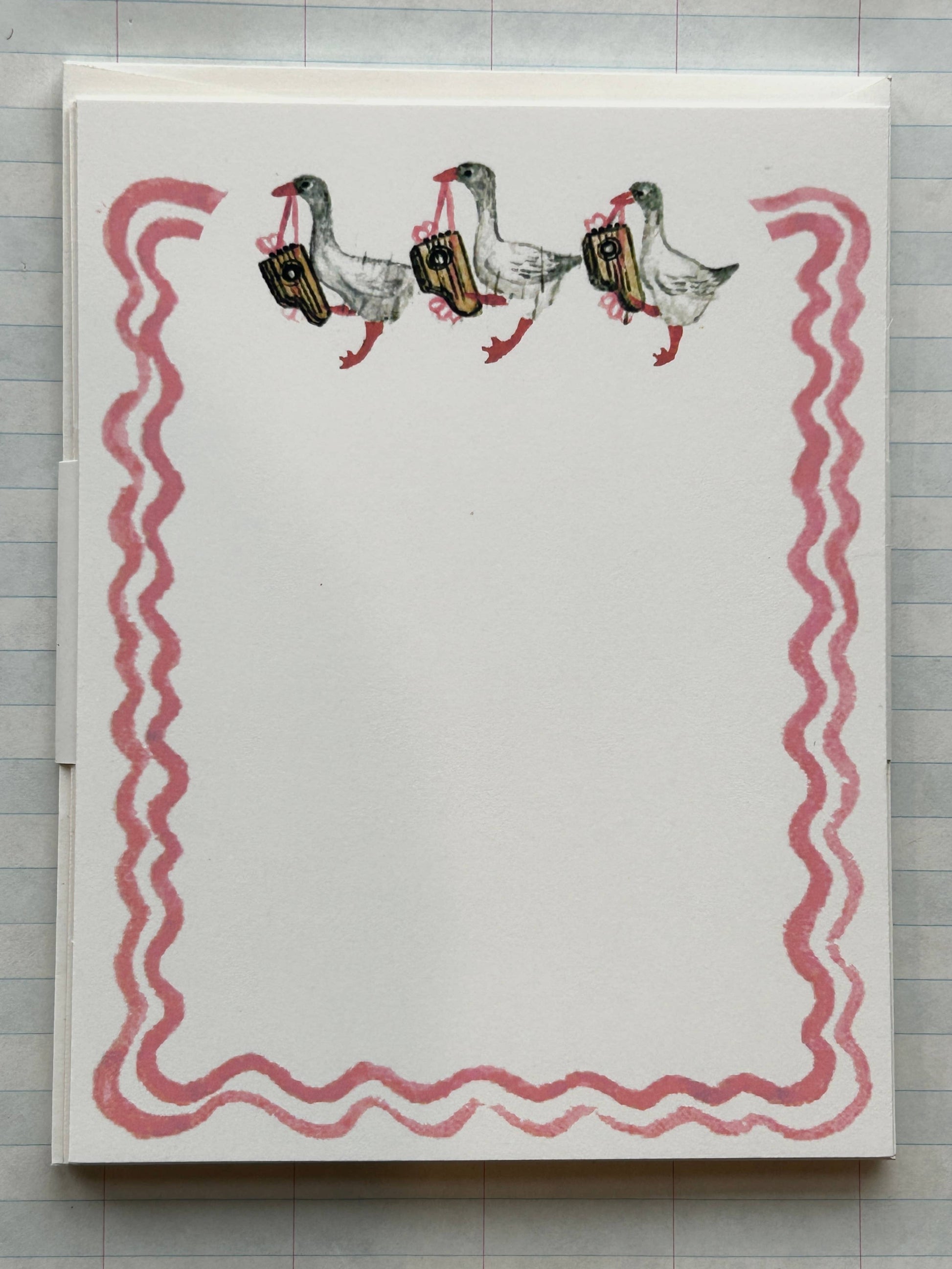 Animal Jamboree stationery card with three white geese and pink wavy border