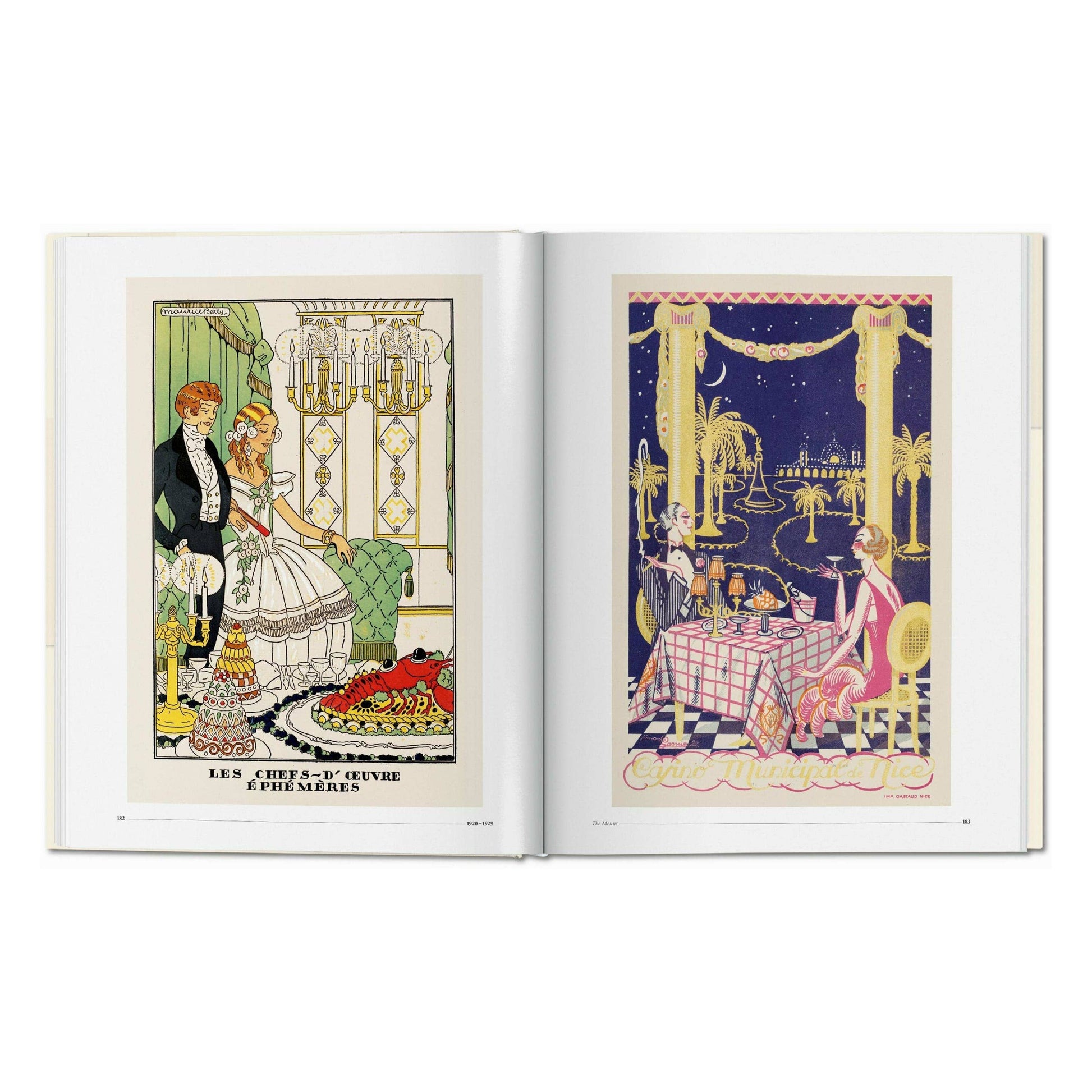 Open menu design book spread with illustrated diners, waiter, and candlelit banquet art