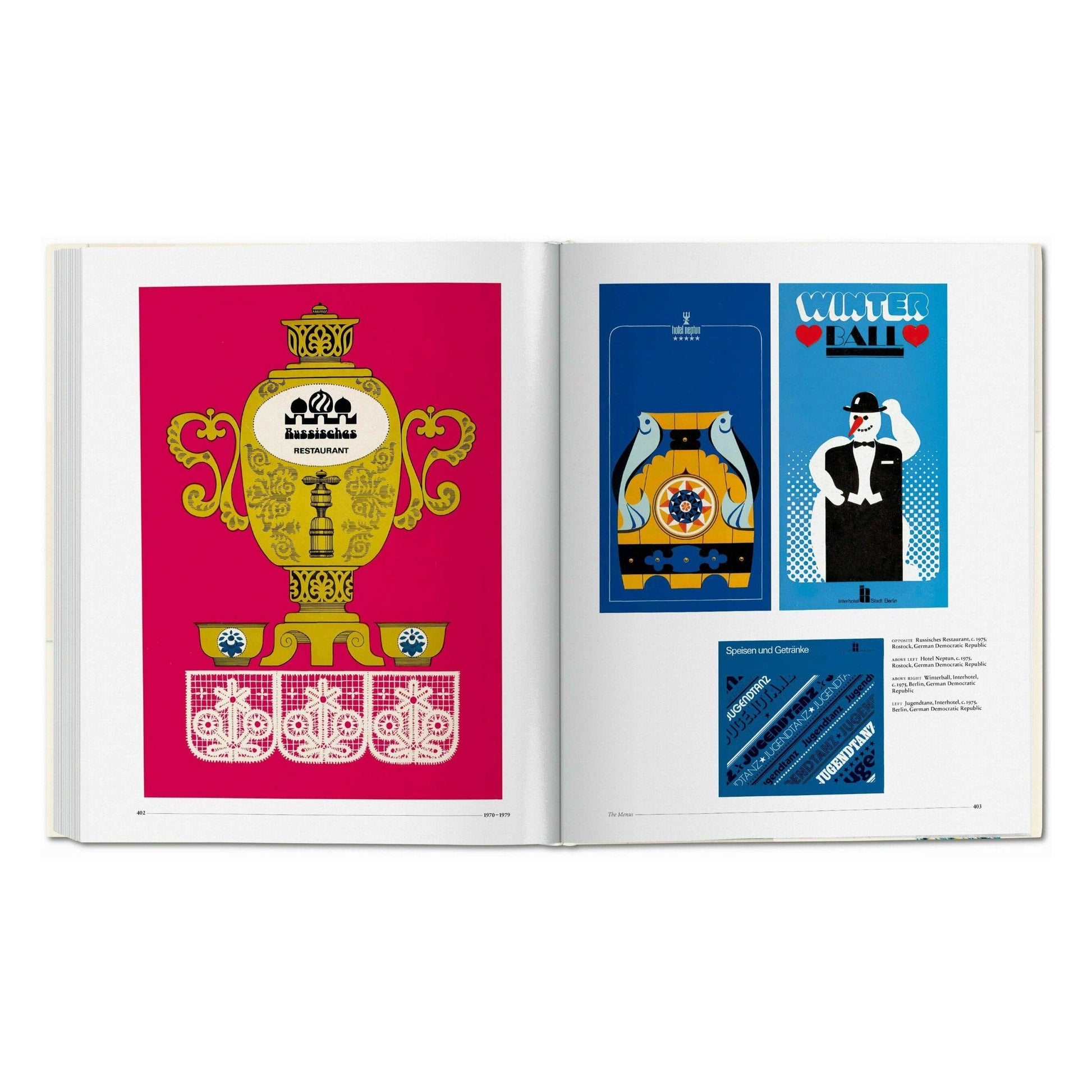 Open art book spread with colorful restaurant and event poster illustrations