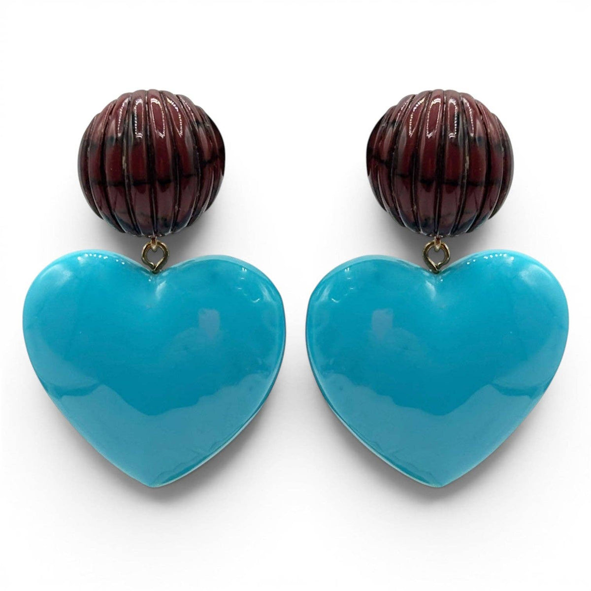 Carved tortoise resin ball stud earrings with turquoise heart drop and heart charm