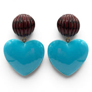 Carved tortoise resin ball stud earrings with turquoise heart drop and heart charm