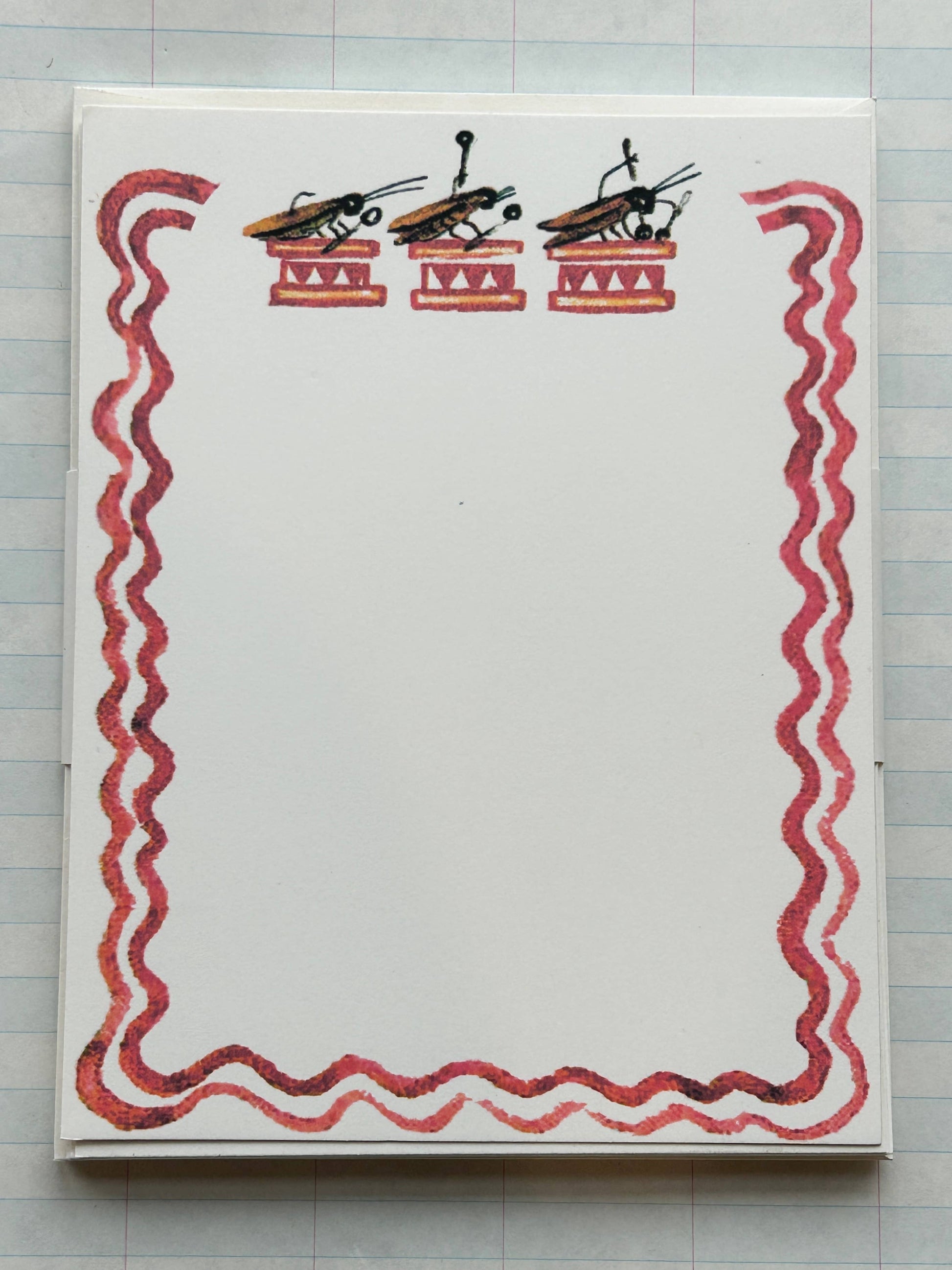 Animal Jamboree stationery card with three toy boats and red wavy border