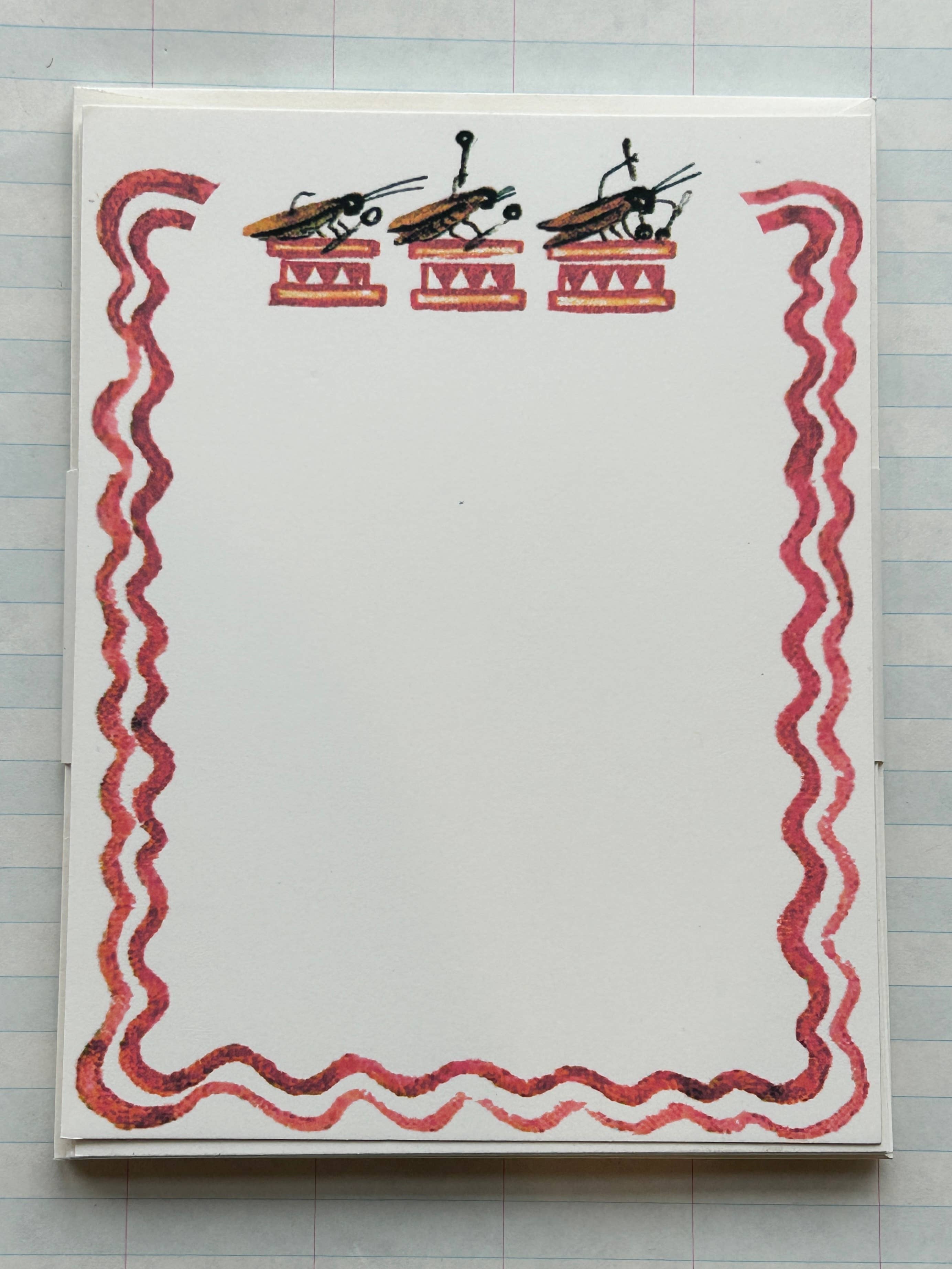 Animal Jamboree stationery card with three toy boats and red wavy border
