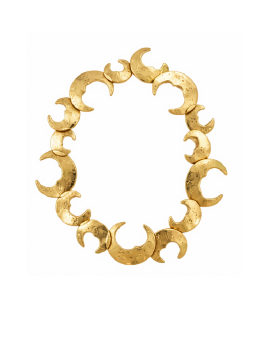 Les Bernard vintage statement moon cutout necklace, gold tone round wreath design