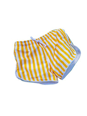 Yellow-and-white striped short shorts with drawstring elastic waist and rolled hem