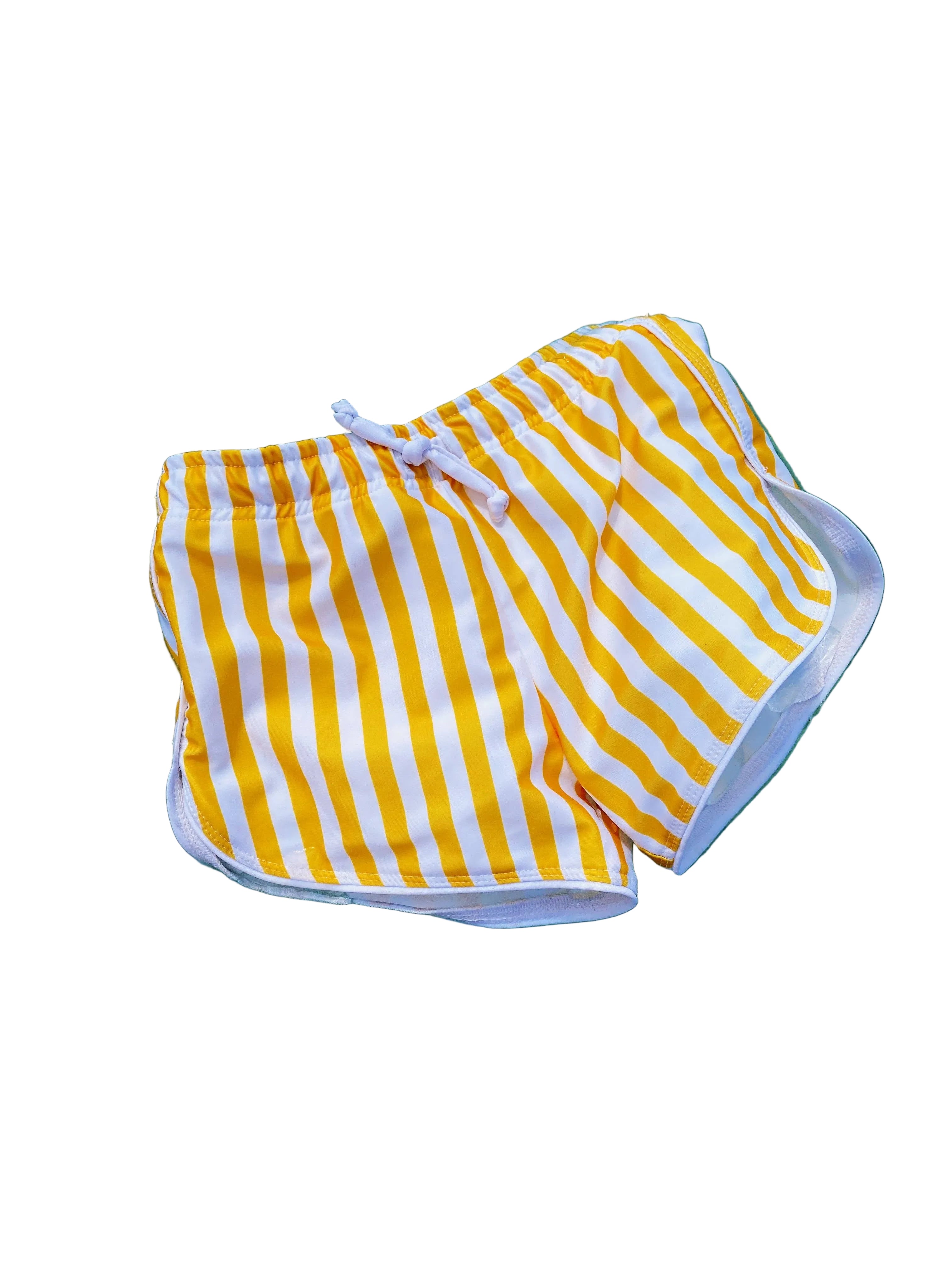 Yellow-and-white striped short shorts with drawstring elastic waist and rolled hem