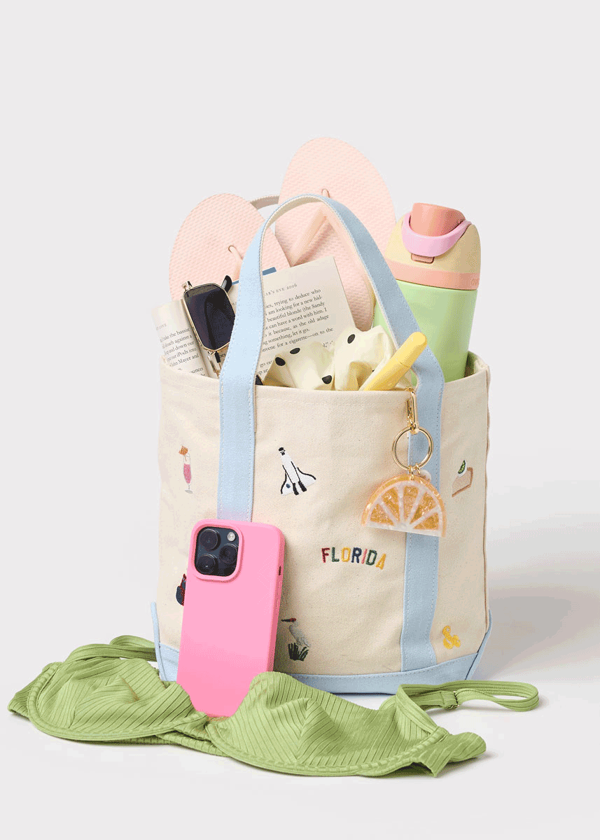 Small canvas tote bag with light blue handles and Florida icon prints, open top