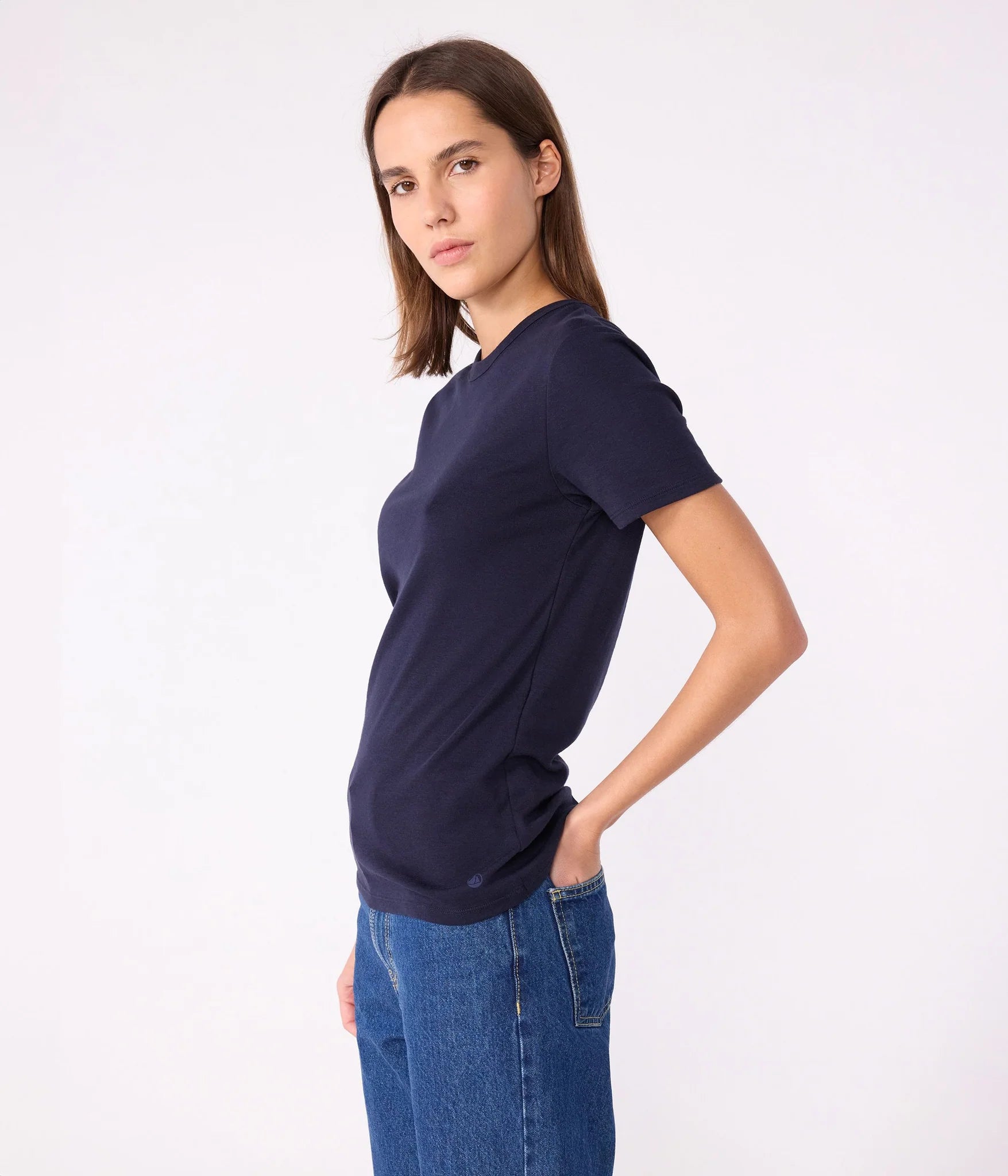 Navy crew neck short-sleeve T-shirt, side view with straight hem