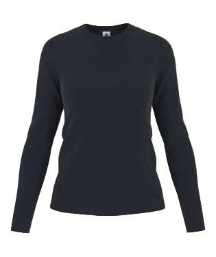 Long-sleeve crew neck tee in dark navy, fitted top with round collar