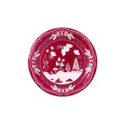 Burgundy decorative plate with white cottage and floral border