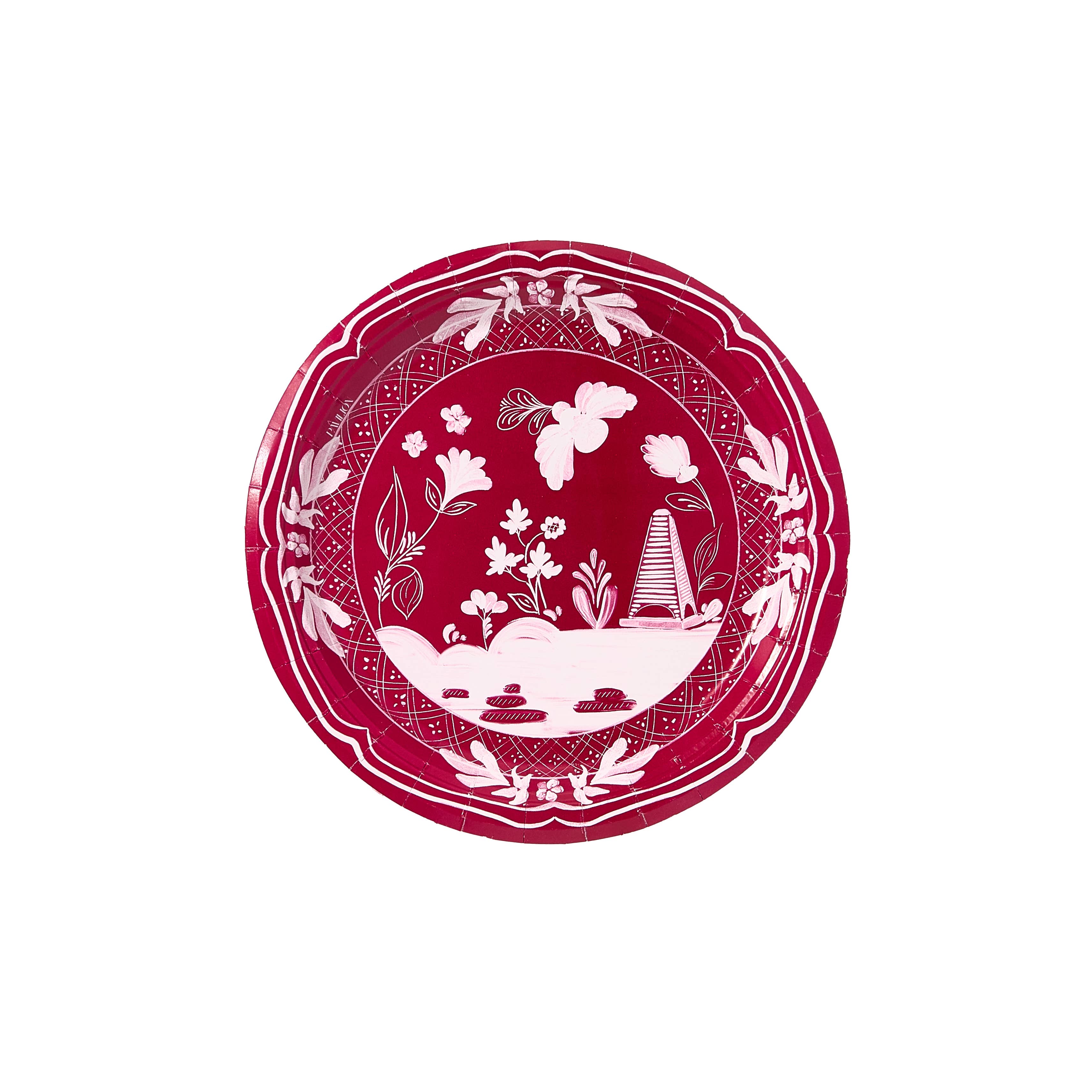 Burgundy decorative plate with white cottage and floral border