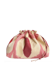 Silk ikat party purse, pink and cream drawstring pouch with gathered top