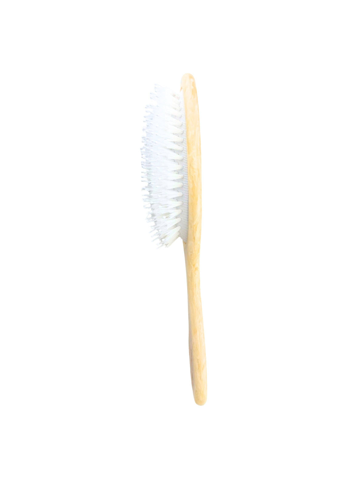 Wood-handled hairbrush with white bristles and side profile