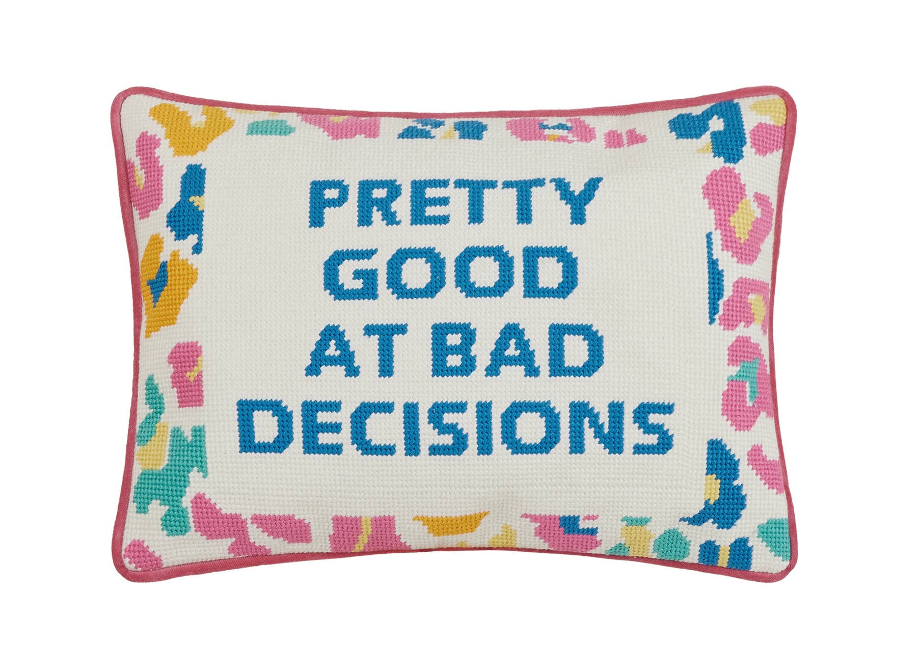 Embroidered decorative pillow with multicolor border and blue text on cream fabric