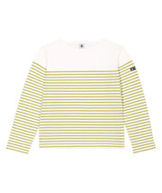 White long-sleeve breton tee with green horizontal stripes and crew neck