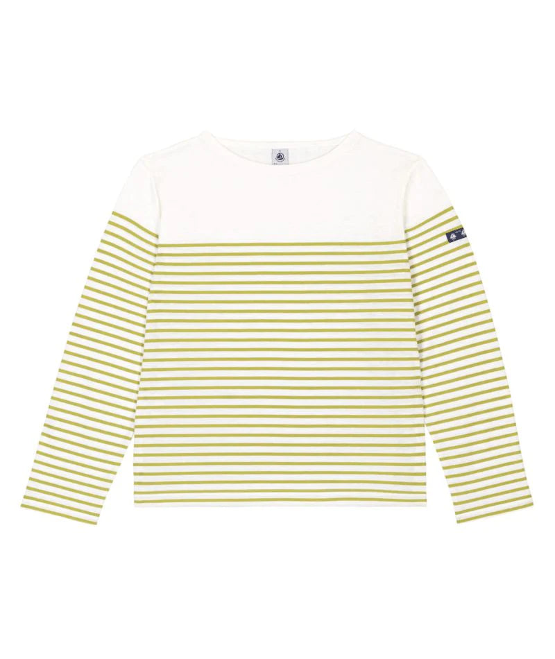 White long-sleeve breton tee with green horizontal stripes and crew neck