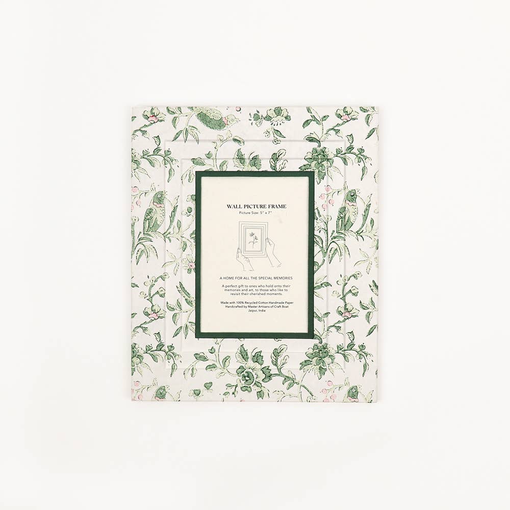 Wall picture frame with green floral bird block print and dark green border.