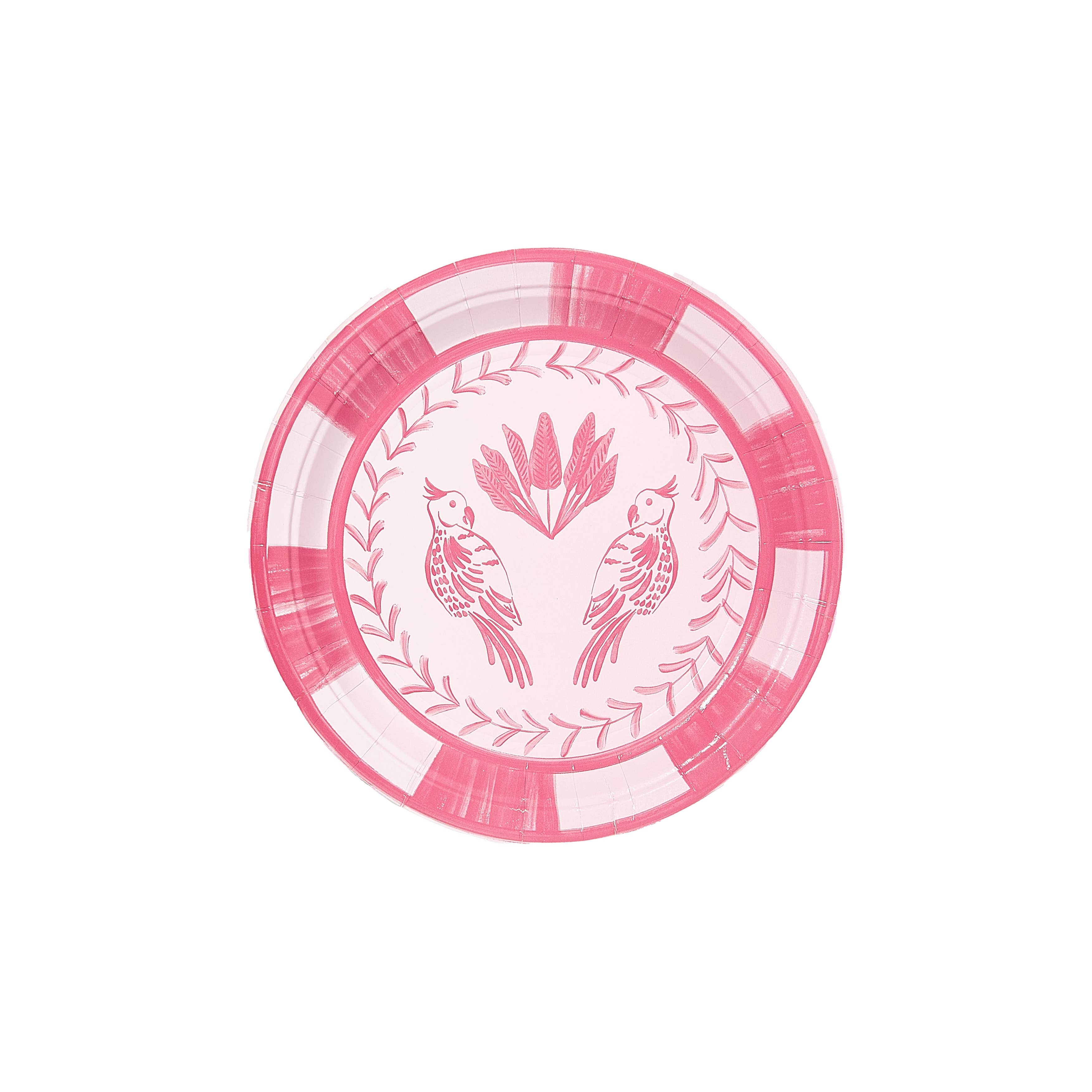 Lovebirds Josephine salad and dessert plate, pink with bird-and-leaf design.