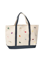 Canvas tote bag with navy handles and border, printed colorful Florida icons