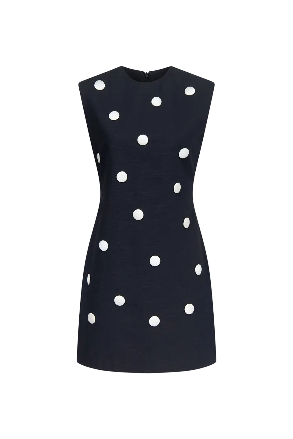 Polka dot sleeveless midi dress, black with white dots, high neckline.