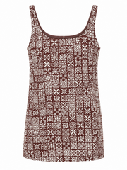Coco Shop cappie mini dress with square neckline, sleeveless, burgundy and white pattern