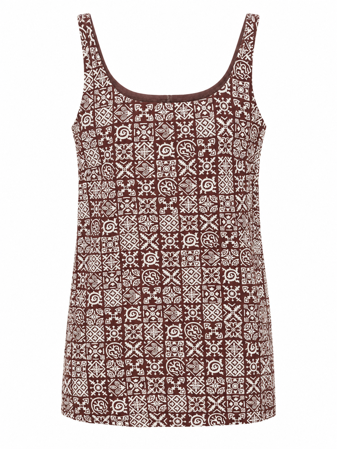 Coco Shop cappie mini dress with square neckline, sleeveless, burgundy and white pattern