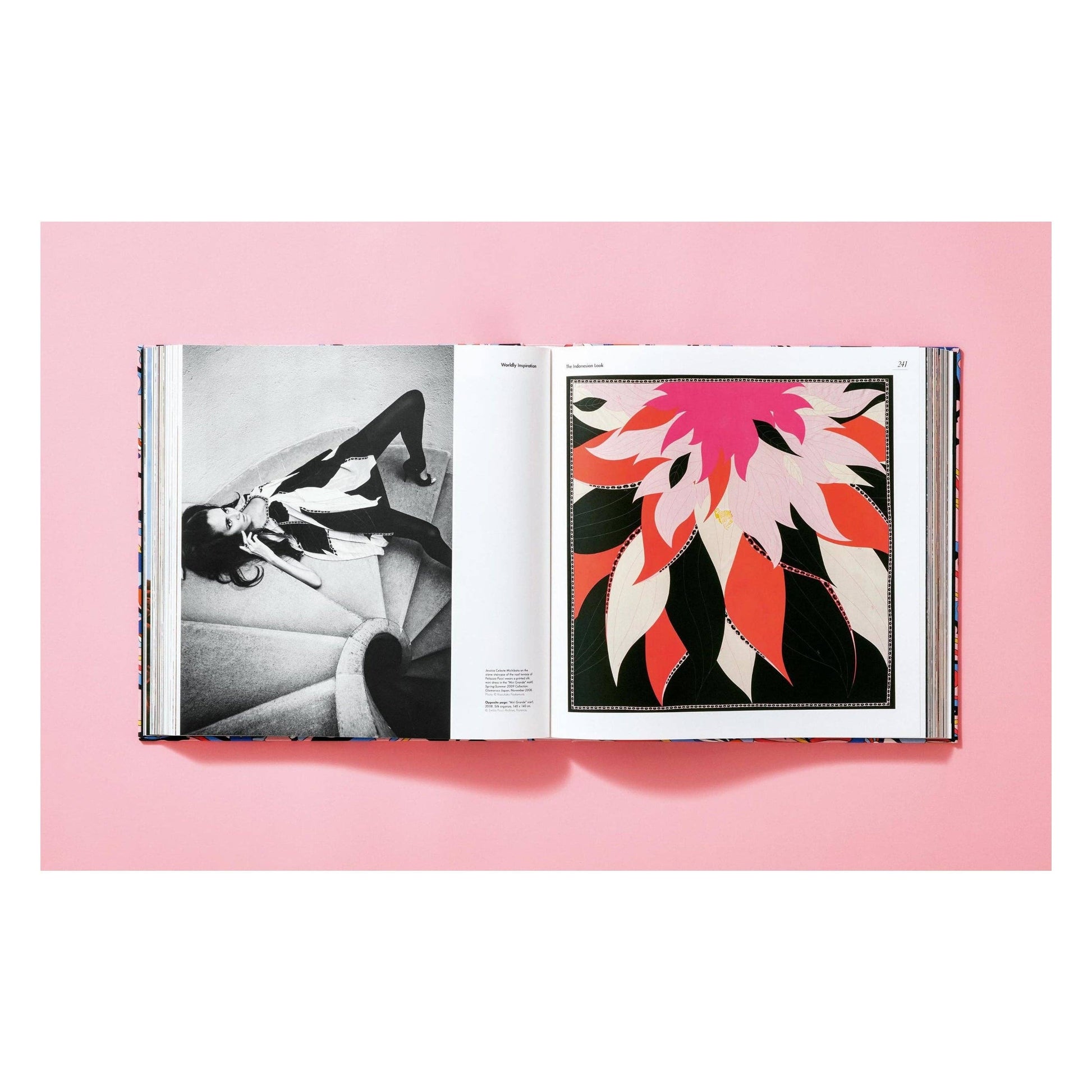 Pucci updated edition book, open spread with black-and-white portrait and red floral print