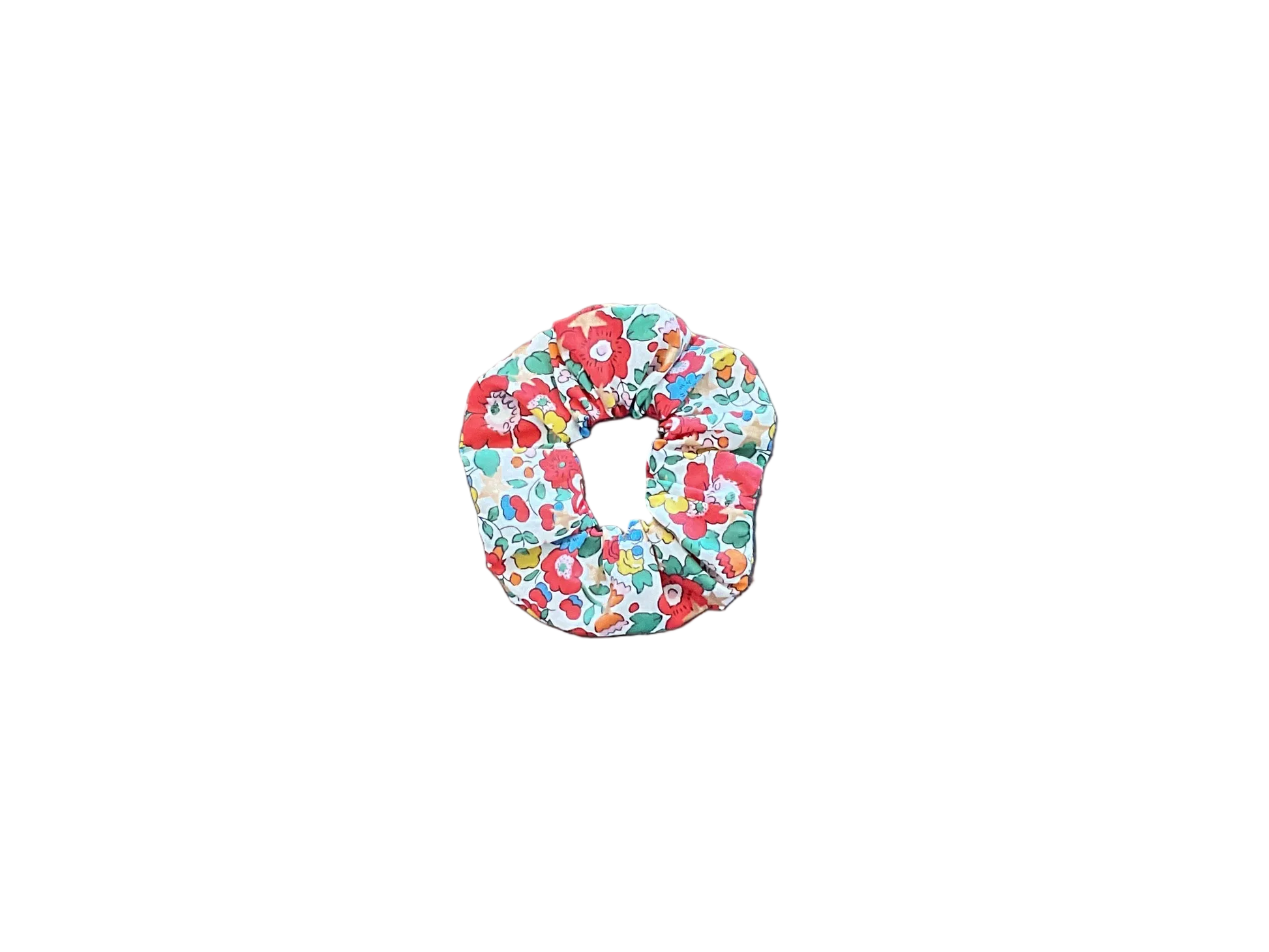 Floral fabric scrunchie with gathered elastic ring, red and teal flower print