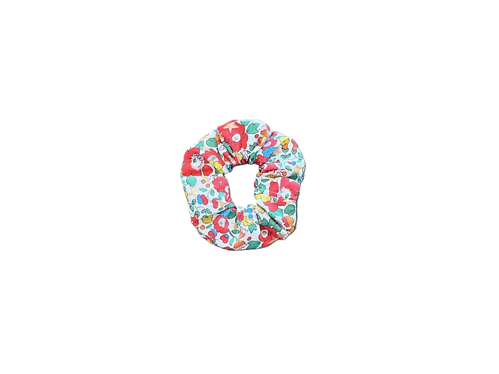 Floral fabric scrunchie with gathered elastic ring, red and teal flower print