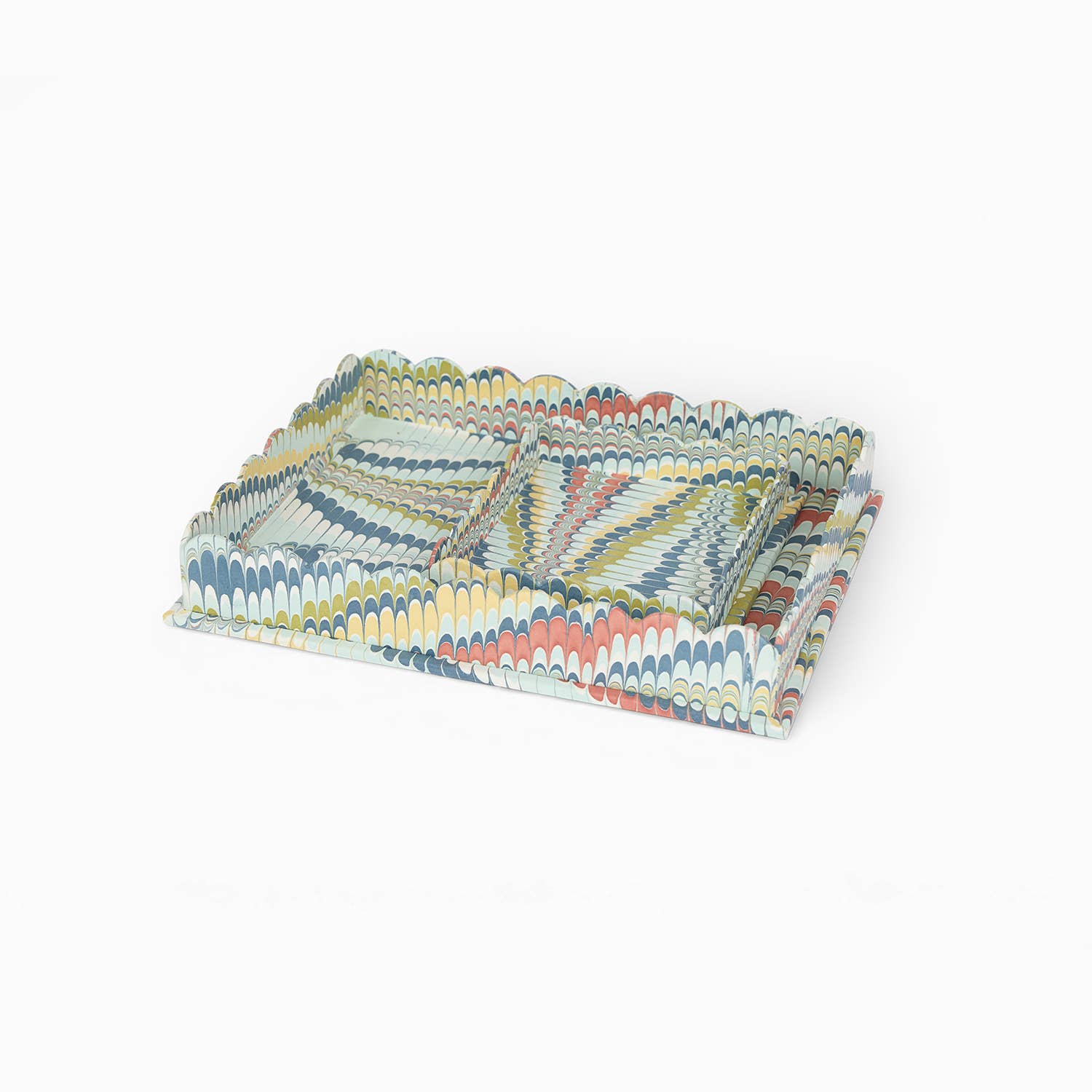 Large scalloped desk tray with colorful wave pattern and low curved sides