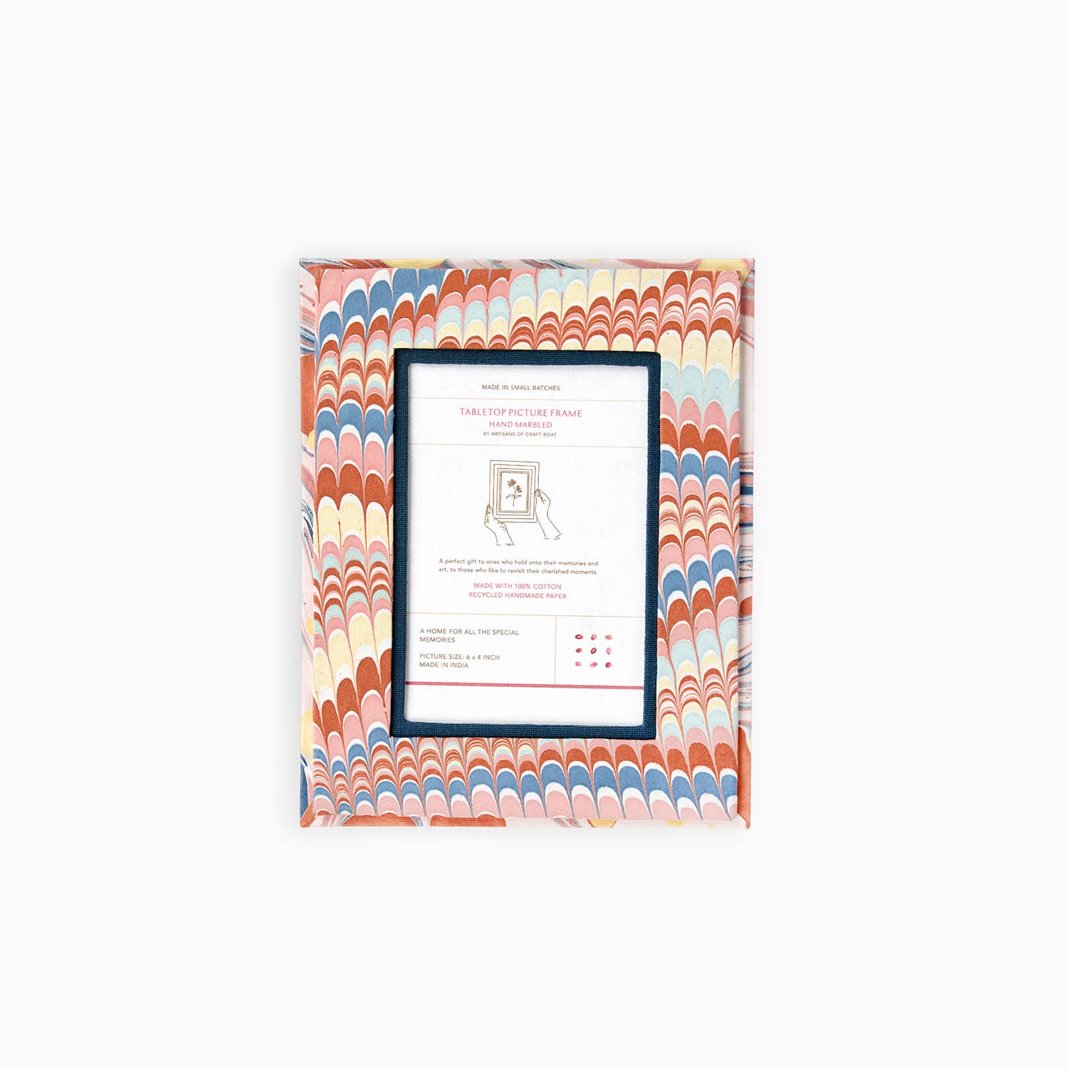 Hand marbled tabletop picture frame with white insert and black photo border