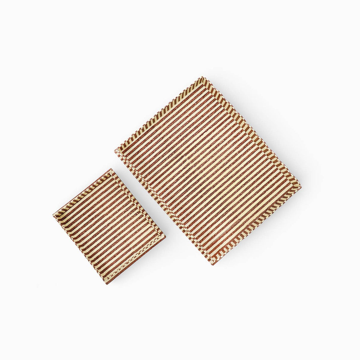 Large rectangular scalloped tray with brown and cream striped pattern, side-by-side views