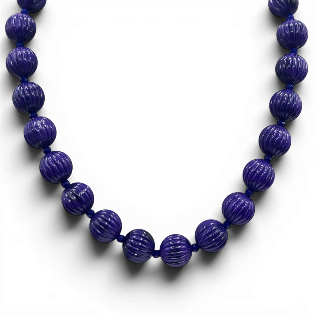 Purple carved melon bead necklace with round stacked beads