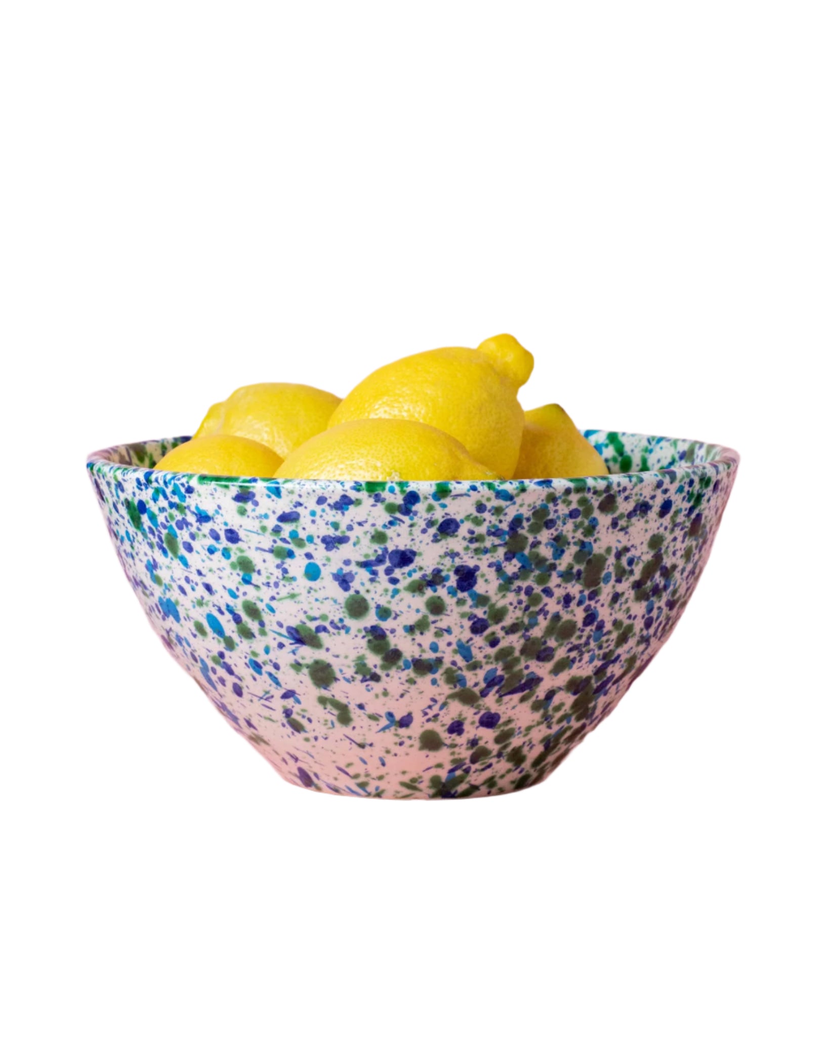 Large ceramic salad bowl with blue-green speckled glaze, filled with yellow fruit