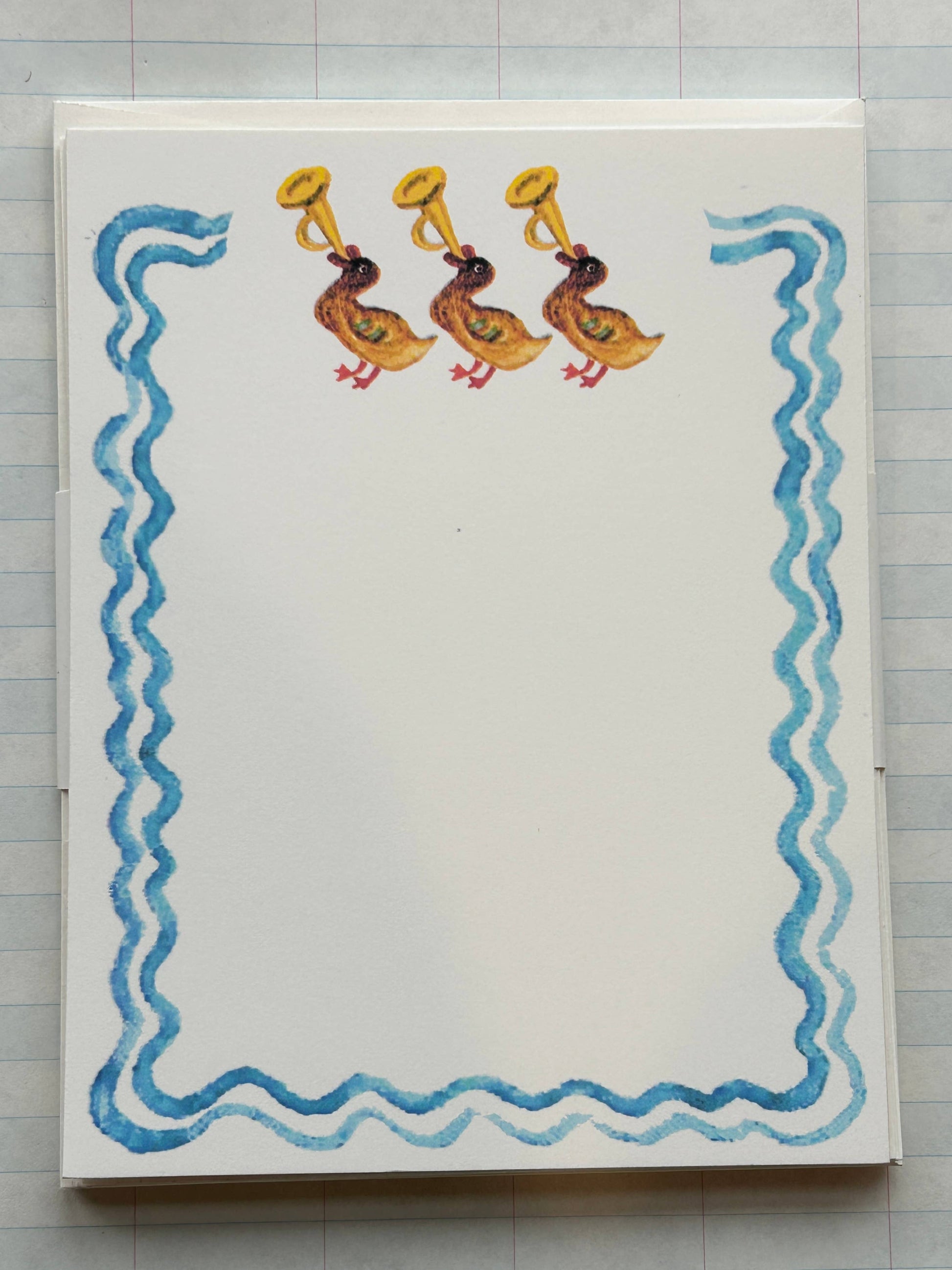 Animal Jamboree stationery card with three ducks and blue wavy border