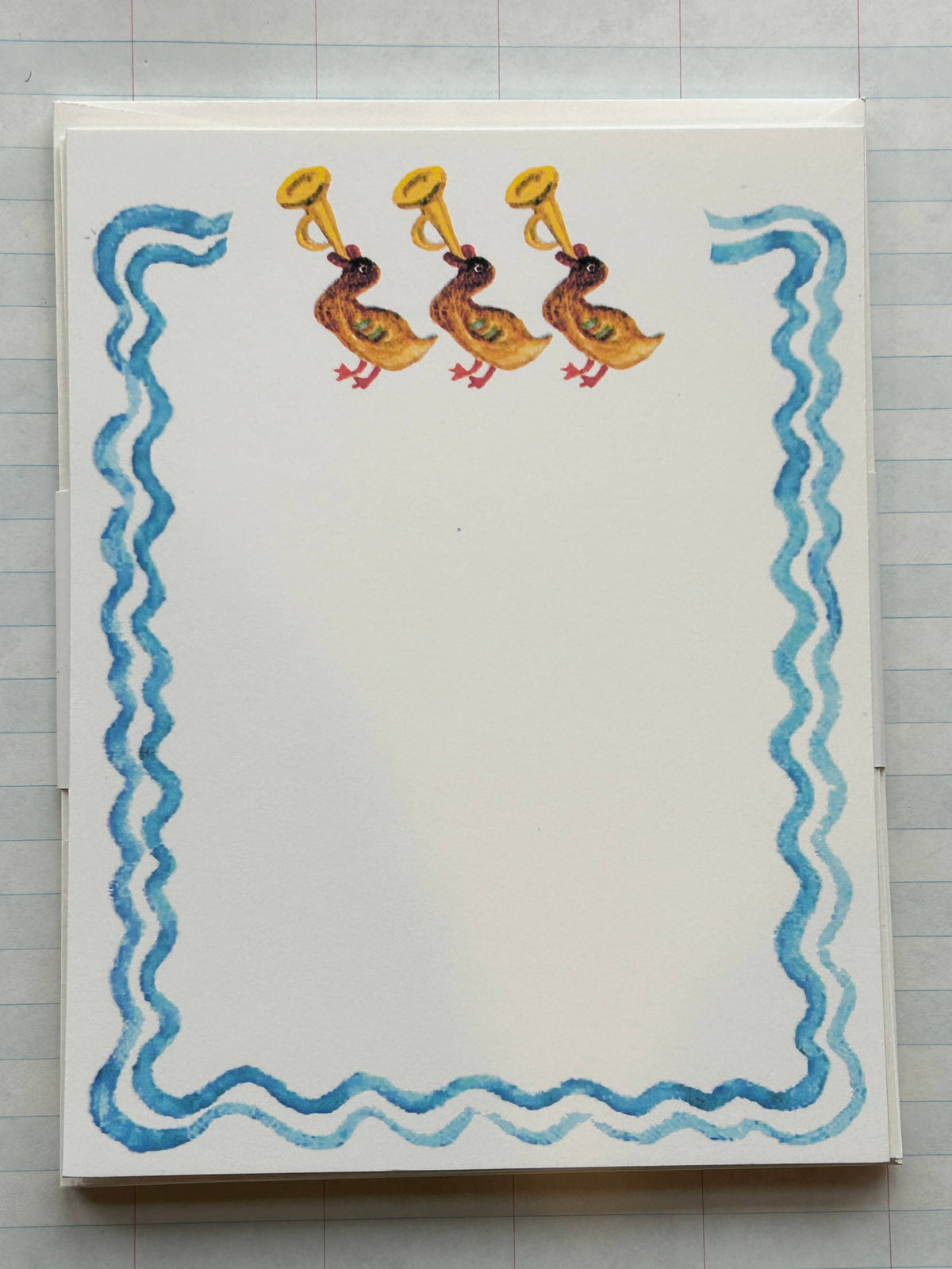 Animal Jamboree stationery card with three ducks and blue wavy border