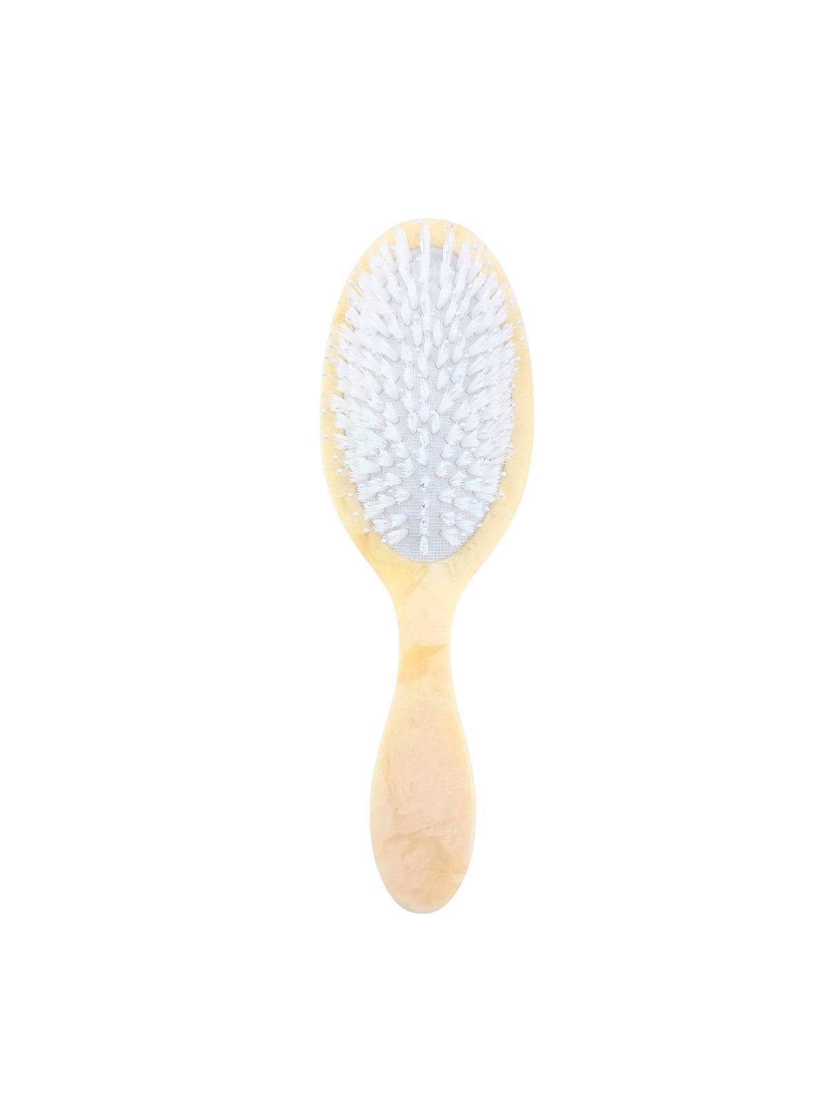 Beige wooden-handled hairbrush with white bristle head