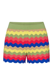 Wave striped shorts with green waistband, red blue yellow wavy knit pattern