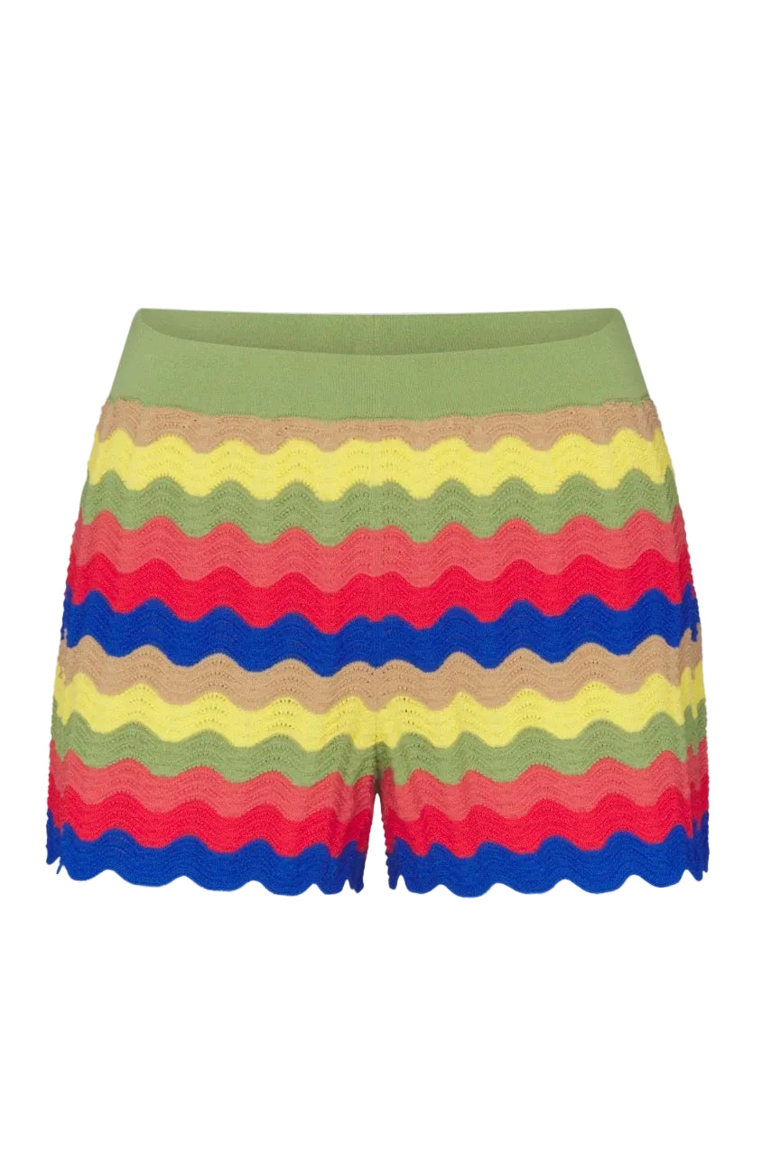 Wave striped shorts with green waistband, red blue yellow wavy knit pattern