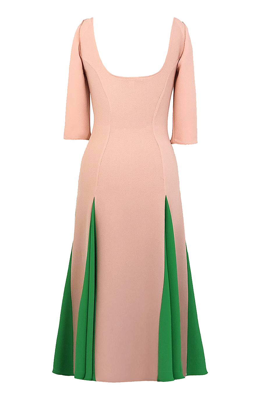 Blush fitted midi dress with scoop neckline and green side panel accents at hem
