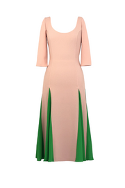 Blush midi dress with three-quarter sleeves and green hem panels, fitted bodice