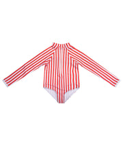 Girls' red-and-white striped UPF rash guard with long sleeves and high neck